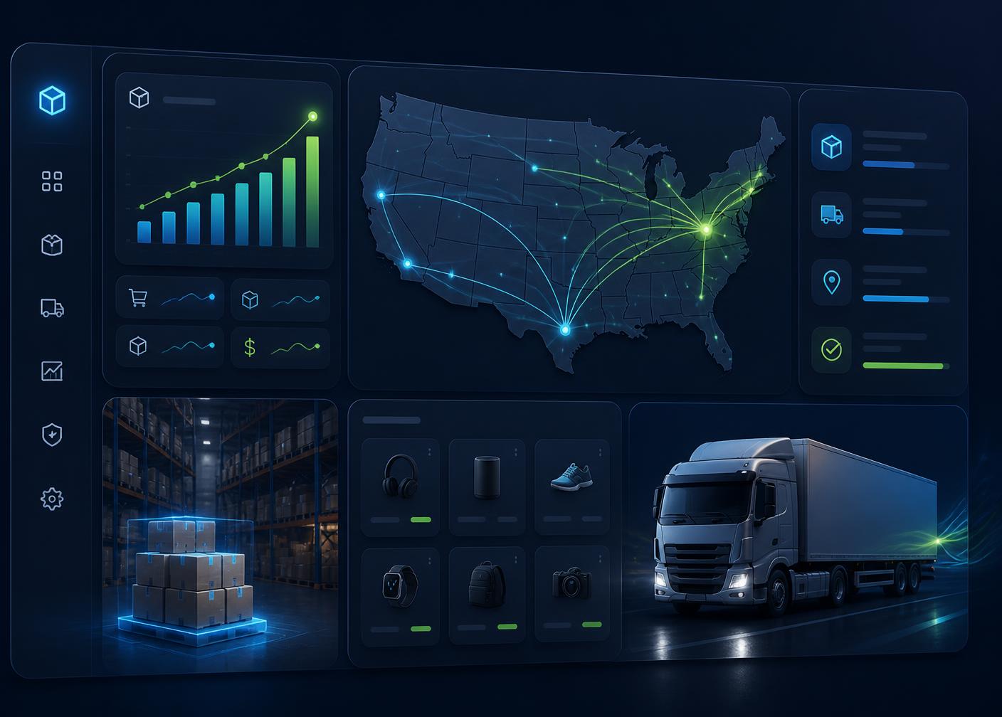 Aethel Apex BD warehouse dashboard showing US shipping routes, live order analytics, and same-day fulfillment